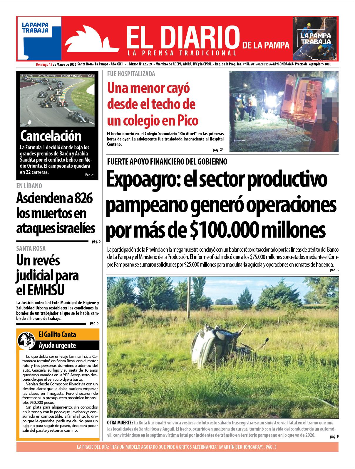 Tapa de El Diario en papel  domingo 15 de marzo de 2026